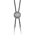 Detail of vintage bolo tie showing braided leather rope and ornate silver floral tips - Round Gray