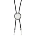 Detailed view of silver bolo tie slide with white gemstone and engraved tips on leather cord - Round White