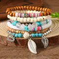 Set bracciale multistrato boho con perline Heishi colorate e perline di legno - Stile Ciondolo Cuore Foglia (03)