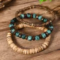 Three-piece retro beaded bracelet set with natural African pine stones and wood beads - Multilayer Style