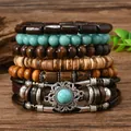 Detail view of Bohemian multilayer bracelets with coconut shell wood beads and turquoise stones - Floral Turquoise Style
