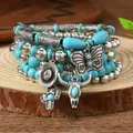 Bohemian multilayer beaded bracelet set with turquoise beads and vintage silver charms - Bohemian Style 1 (RH771)