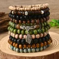 Bohemian multi-layer wooden bead bracelet set with silver leaf charm on wood base - Coconut Shell Leaf Style