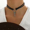 Detail of bohemian black double-layer choker with silver feathers and turquoise bead - Black Suede Feather Style