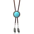 Detail von Western Bolo Tie mit Türkisstein Sonnenblumenbasis und Metallfeder Anhängern - Sonnenblume Braunes Seil