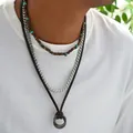 Men's multilayer necklace set with wooden beads, silver chain, and dual ring pendants - Multicolor