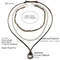 Ensemble de 3 colliers superposés bohèmes avec cuir, chaîne inox et perles turquoise - Style Superposé Double Anneau Et Chaîne