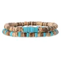 Dettaglio di perline in guscio di cocco e pietre turchesi su bracciali elastici - Blu Minimalista