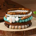 Boho-Mehrlagen-Armbandset mit türkisfarbenen Perlen und weißen Perlenimitaten - Crackle Perle Geflochtenes Leder Stil (12)