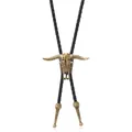 Detail der Vintage Bolo Tie mit bronzenem Stierkopf und geflochtener Kordel aus schwarzem Leder - Stierkopf (Typ A) / Bronze