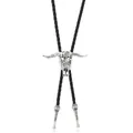 Detail der Western Vintage Bullenschädel-Bolo-Krawatte mit Metallspitzen und PU-Kordel - Stierkopf (Typ A) / Antik Silber