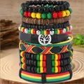 Set di 9 bracciali Rasta in pelle PU e perline di legno con ciondolo Albero della Vita - Rosso Giallo Verde Nero (Multicolore)