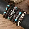 Set di 6 bracciali da uomo in pelle con perline turchesi e ciondolo testa di toro - Stile Testa Di Toro E Cinturino Leopardato