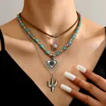 Set di collane boho a più strati con ciondolo a cactus e perline di turchese - Design Cappello Da Cowboy E Cactus (2)
