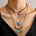 Three-layer bohemian turquoise necklace with leather choker and heart pendant charm - Butterfly And Heart (8)