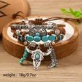 Bohemian multi-layer braided leather bracelet with bull head and turquoise charms - Bracelet 1 (Bull Head & Boots)