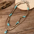 Zweilagige Boho-Halskette mit Türkis-Anhänger und natürlichen Holzperlen für Herren - Türkis-Stil / Blau