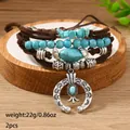 Bohemian multilayer brown leather bracelet set with turquoise beads and crescent charm - Bracelet 2 (Horseshoe)