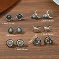 Bohemian silver alloy earring set featuring turquoise gemstones and tribal patterns - Bull Head Sunflower Horse Set (Style 1)