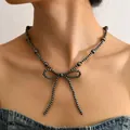 Bohemian style beaded necklace with turquoise-look beads and metal bow pendant - Bowknot Metal Bead Style (Style 2)