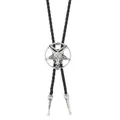 Gothic Bolo Tie mit Ziegenkopf-Pentagramm und schwarz geflochtener Lederkordel - Baphomet Ziegenkopf (Typ B) / Antik Silber
