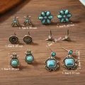 Bohemian retro silver alloy earring set featuring turquoise inlays and geometric shapes - Arrow Sunflower Mandala Bull Head Set (Style 2)