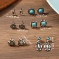 Bohemian style antique silver stud earrings set with turquoise stones and size markings - Western Boot Sunflower Heart Geometric Set (Style 3)