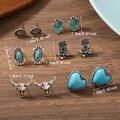 6 pairs of Bohemian turquoise stud earrings featuring cactus and cowboy boot designs - Cactus Western Boot Bull Head Heart Set (Style 4)