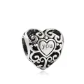 Abalorio corazón plata vintage con filigrana y grabado 'you' para pulseras DIY - Estilo de Corazón Grabado Hueco (E15-39)