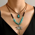 Collana bohémien a doppio strato con pietre turchesi e ciondolo a libellula vintage - Multicolore