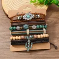Bohemian gelaagde lederen armbandenset met houten kralen en turquoise cactus hanger - Meerlaagse gevlochten lederen kralencombinatie / Bruin Turkoois Beige (Meerkleurig)