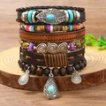 Handgefertigtes 6-tlg. Bohemian-Lederarmband-Set mit Holzperlen und Türkis-Anhängern - Blattanhänger und Metallherz Kombination (11)