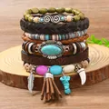 Böhmisches 6-teiliges handgefertigtes Lederarmband-Set mit Perlen, Türkis und Anhängern - Federanhänger und Sonnenemblem Kombination (10)