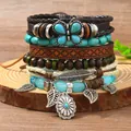 Boho Mehrlagiges Perlenarmband-Set mit Türkis-Schmetterling und Metallblatt-Anhängern - Türkis Schmetterling und Feder Kombination (12)