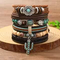 Boho-Lederarmband-Set für Damen und Herren mit Holzperlen und Kaktus-Anhänger auf Holz - Kaktusanhänger mit Türkis Kombination (7)