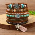 Handgefertigtes 6-teiliges Boho-Armband-Set aus Leder und Holzperlen mit Libelle - Libellenanhänger mit Blumenkombination (14)
