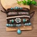 Böhmisches 6-teiliges handgewebtes Armband-Set mit Türkis-Anhängern und Blumenperlen - Vintage Blume und Tropfen Türkis Kombination (6)