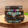 Set di 6 bracciali bohémien fatti a mano con pelle, perline di legno e ciondolo a cuore - Combinazione Ciondolo Cuore Vintage (2)