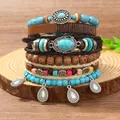 Bohemian Mehrlagiges Armband-Set mit Türkisperlen, Ledergeflecht und silbernen Anhängern - Tropfen Hohl Anhänger Kombination (8)