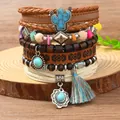 6-teiliges Bohemian Armband-Set aus Holzperlen und Leder mit Türkis-Kaktus-Anhängern - Blauer Kaktus mit Quaste Kombination (9)