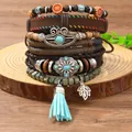 Set di bracciali bohémien multistrato fatti a mano con perle in legno e ciondoli - Combinazione Nappa e Ciondolo Foglia (4)