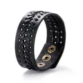 Brede herenarmband van zwart leer met V-weving en verstelbare bronzen drukknopen - Zwart