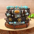 Set di 6 bracciali bohémien in pelle con perle turchesi e ciondolo a forma di piuma - Ciondolo Piuma con Combinazione di Goldstone (1)