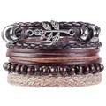 Bracciale multistrato fatto a mano con ciondolo a foglia in pelle vintage e canapa - Stile Intrecciato Marrone Scuro Foglia Fine Argentata (Stile D)