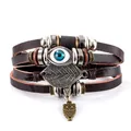 Vintage multilayer leather bracelet with turquoise evil eye and owl leaf charms - Evil Eye Owl And Leaf Style