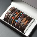 Set di bracciali in pelle multistrato con cinturini intrecciati marroni e perline - Stile 4 (Legno/Intrecciato Etnico)