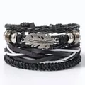 Vintage mehrlagiges Lederarmband mit silbernem Federanhänger und Türkis Akzenten - L5-Schwarz-Weißes Feder-Metallperlen-Set