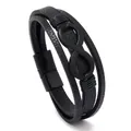 Close-up of black multi-strand leather bracelet with infinity charm and magnetic clasp - Black Leather With Black Buckle