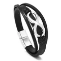 Detail of multi-layer black leather bracelet with silver infinity symbol and magnetic clasp - Black Leather With Silver Buckle