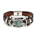 Detail view of multi-layer braided leather bracelet with green stone and steel clasp - Green Aventurine